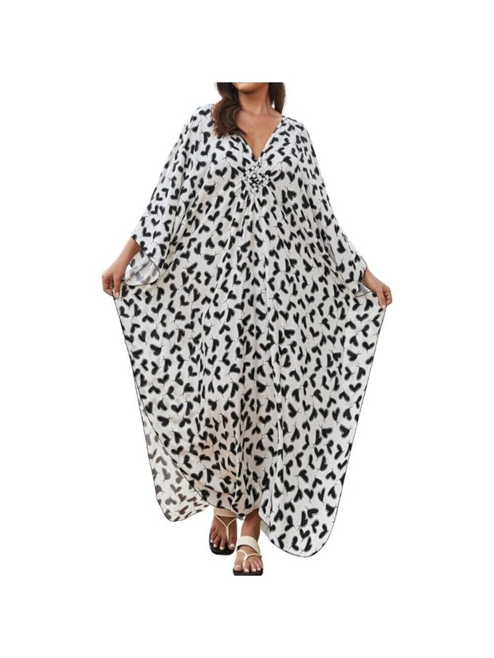 Women White Base With Hearts V-neck Sleeve Flowy Split Hem Bohemian Kaftan Dress